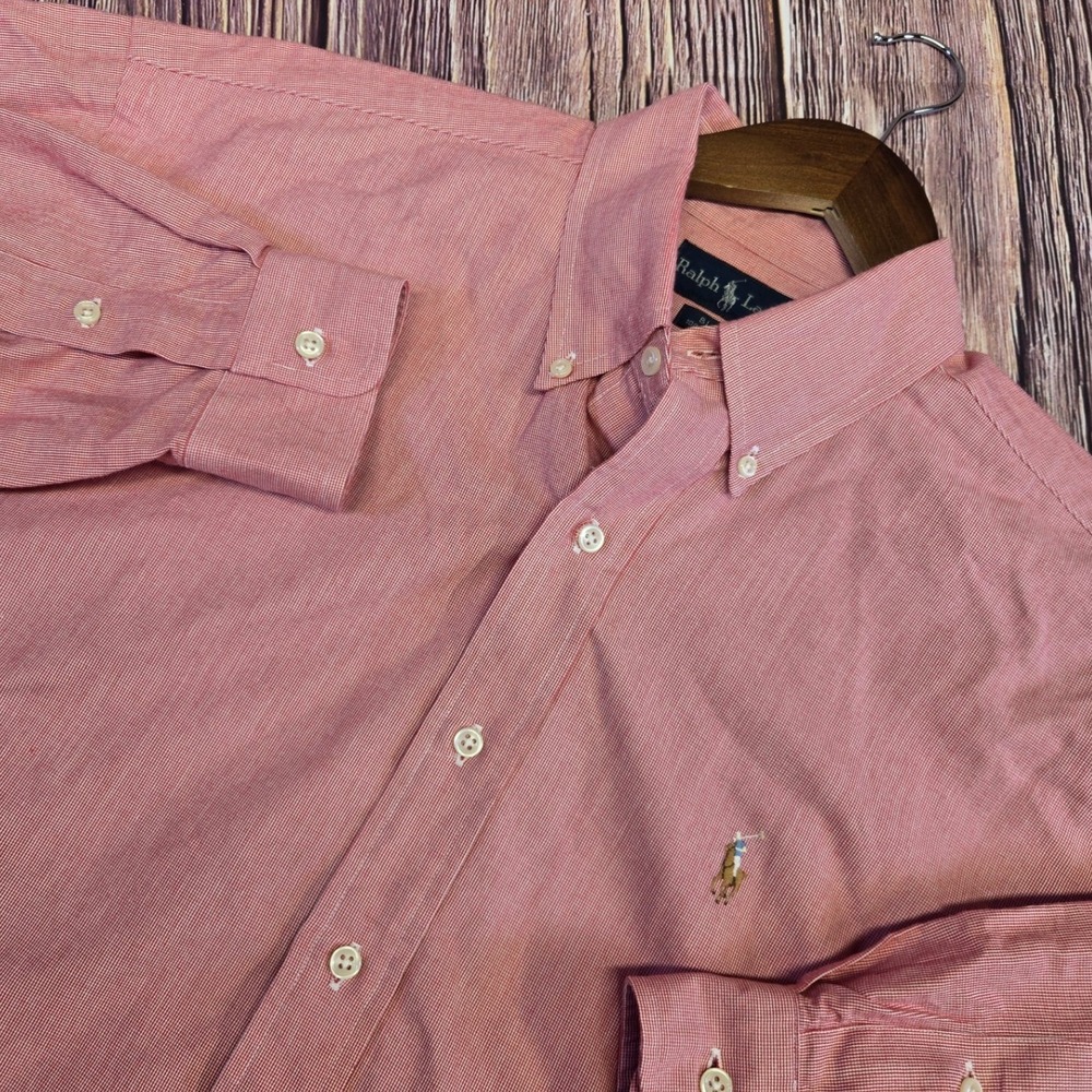 Ralph Lauren Button Down Shirt Mens L Red Blake Micro Gingham Cotton Long Sleeve